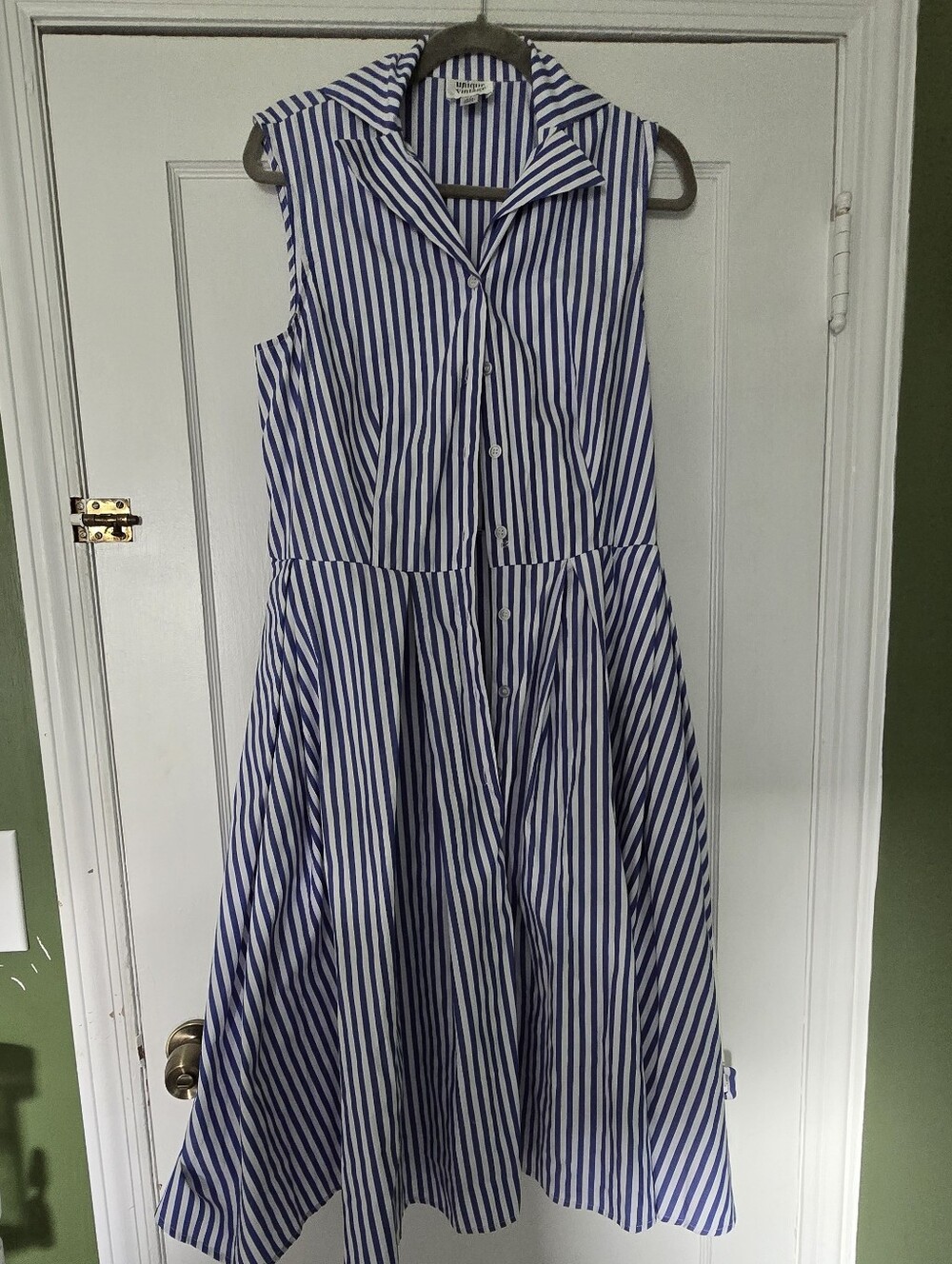 Unique Vintage Blue & White Striped Sleeveless Shirt Dress